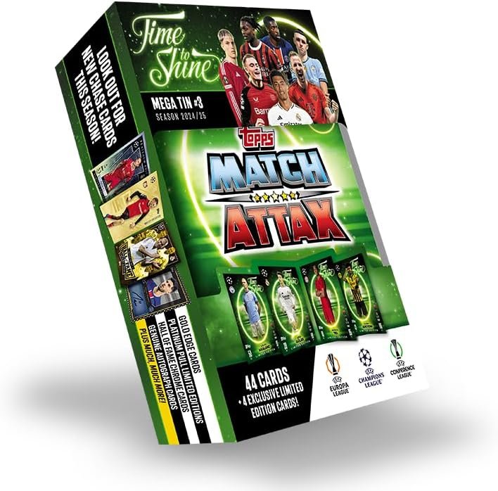 Topps Match Attax 24/25 - Mega Tin 'Time to Shine' - Tin 3 - contains 44 Match Attax cards plus 4 exclusive LE's - Erling Haaland, Arda Güler, Mathys Tel and Karim Adeyemi!