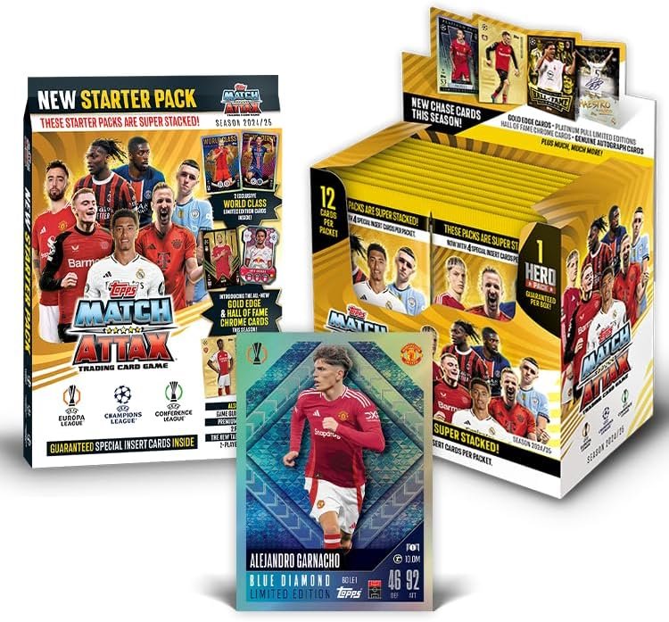 Topps Match Attax 24/25 - Mega Starter Bundle - contains a standard Starter Pack, a Full Box of Match Attax (24 packets) plus a Alejandro Garnacho Blue Diamond Limited Edition card.