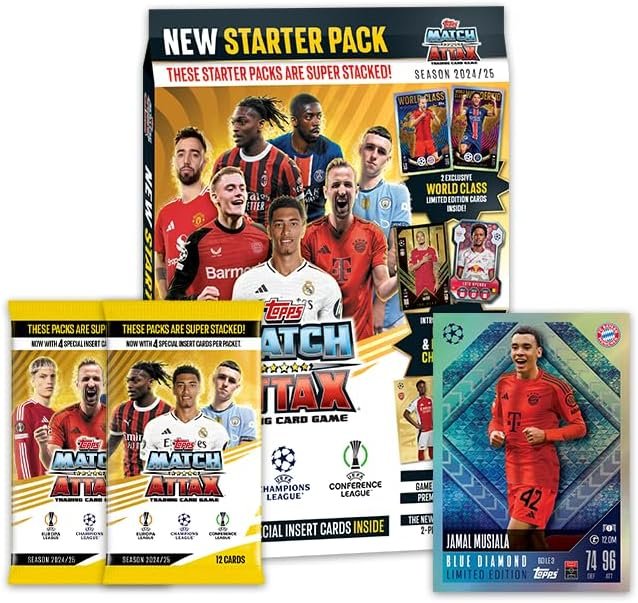 Topps Match Attax 24/25 - Starter Bundle - contains a standard Starter Pack, 2 packets of Match Attax plus a Jamal Musiala Blue Diamond Limited Edition card. (Total 50 cards)