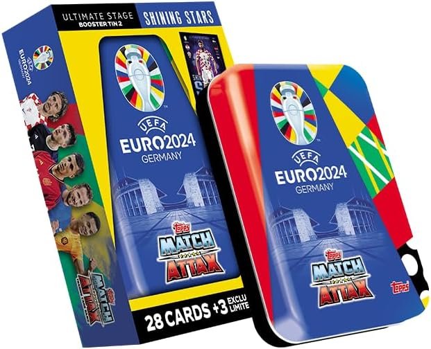 Topps Official Euro 2024 Match Attax - Booster Tin - Shining Stars - contains 28 EURO 2024 Match Attax cards plus 3 exclusive Shining Stars Limited Edition cards!