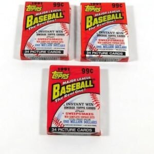 Lot of 3 1991 Topps Baseball Cello Packs (102 Cards Total) Possible Chipper Jones Rookie Card