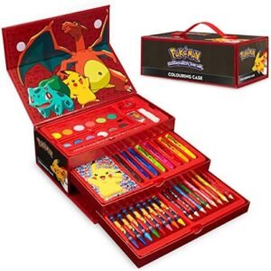 Pokemon Art Supplies Set, Kids Painting Drawing Colouring Travel Case with Crayons Felt Tips Watercolours - Kids Gifts (Black/Red)