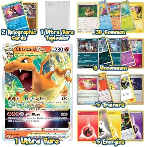 Ultra Rare Pokemon Cards Pack - 50 Cards with Guaranteed Holos, 1 Ultra Rare Card, and 1 Toploadar - Compatible with Pokemon TCG, Trading Card Games, Pokémon Cards Pack, Pokemon Toys for Boys & Girls!